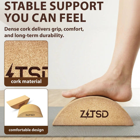 Reversible Half Moon Cork Yoga Block Pair Solid Game Changer Balance Trainer For Steady Moves And Epic Wobble Vibes Natural Cork Build with foot on block.