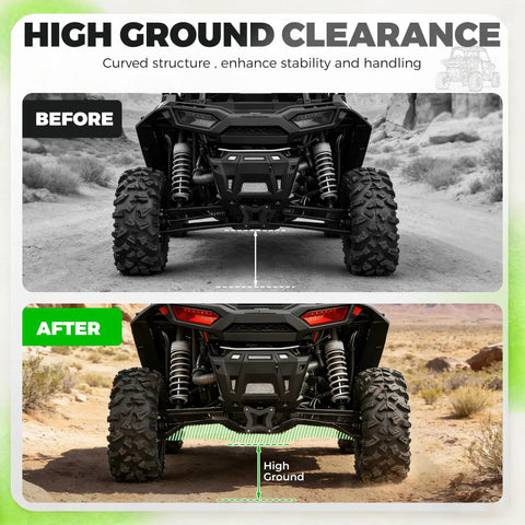 Black Rear Radius Arms For 2014-2025 Polaris RZR XP 1000 And XP 4 1000 Beefy High Clearance Heavy Duty Steel With Adjustable Heim Joints Rugged Off Road Upgrade shown on Polaris RZR rear suspension