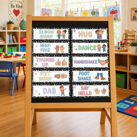 15 Piece Classroom Rules Posters And Greeting Cards Set for Back to School Decor featuring greetings on bulletin board