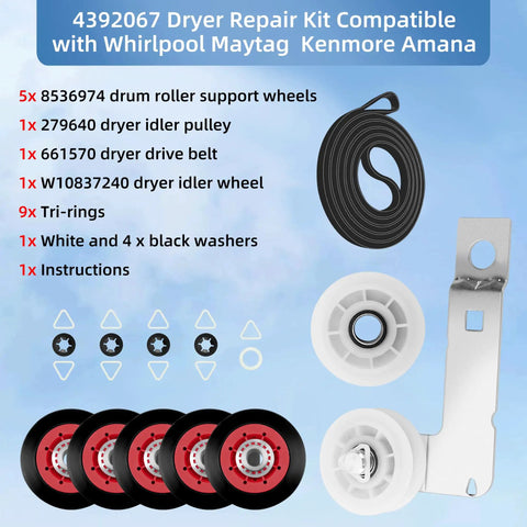 Five Wheel Dryer Repair Kit Upgrade 4392067 with WPW10314173 drum rollers, pulley, belt, bracket, and accessories displayed