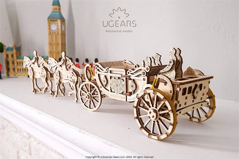 Royal Carriage 3D Wooden Model Kit For Self Assembly, educational craft set, shown with horses and wheels on display