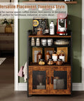 Rustic Brown Coffee Bar Cart on Wheels, 3 Tier Coffee Station Table With Pull Out Wire Basket Drawer, Five Hooks, Cabinet With Two Doors, Mobile Kitchen Bar Cabinet for Home Use, Liquor Buffet Sideboard, displayed with coffee accessories in a rustic setting.