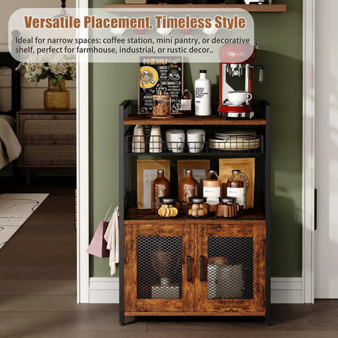 Rustic Brown Coffee Bar Cart on Wheels, 3 Tier Coffee Station Table With Pull Out Wire Basket Drawer, Five Hooks, Cabinet With Two Doors, Mobile Kitchen Bar Cabinet for Home Use, Liquor Buffet Sideboard, displayed with coffee accessories in a rustic setting.