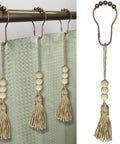 Shower Curtain Rings Set Of 12 With Wood Bead Tassels, Silent Stainless Steel Hooks Glide Smoothly, Rust Proof Bronze Finish
