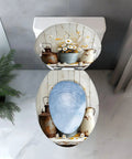 Elongated Toilet Seat QuietClose for Farmhouse Bathroom with floral decor, rustic pitchers, and blue design.