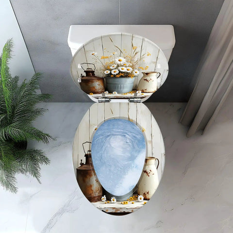 Elongated Toilet Seat QuietClose for Farmhouse Bathroom with floral decor, rustic pitchers, and blue design.