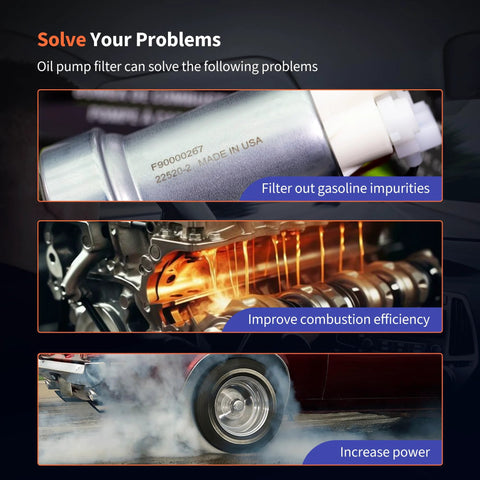 Image showcasing oil pump filter benefits: filtering gasoline impurities, improving combustion efficiency, and increasing power.
