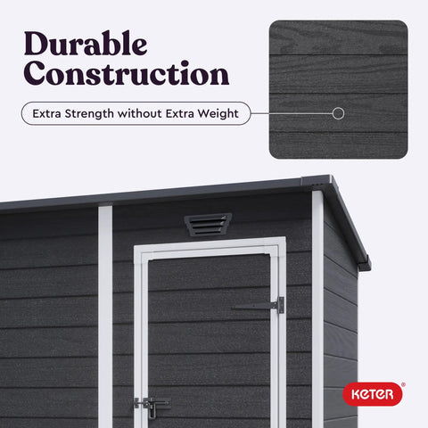 4x6 Resin Outdoor Storage Shed With 139 Cu Ft Of Space For Patio Furniture Garden Tools Bikes Beach Chairs And Lawn Mower Beefy Double Wall Construction With Steel Reinforcement Black And White corner detail