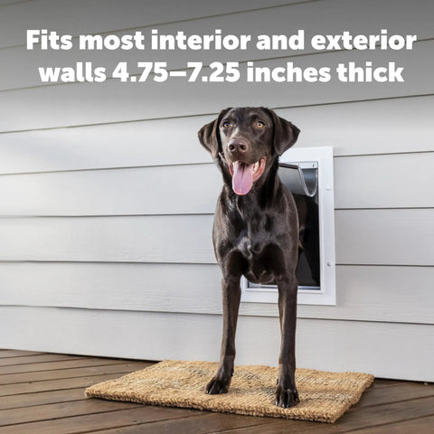 Heavy Duty Wall Entry Dog Door With Telescoping Frame Built Damn Tough Rust Proof Plastic Construction Zero Draft Insulation Slick Slide Flap No Fuss Install For Medium Dogs with a dog at the entrance.