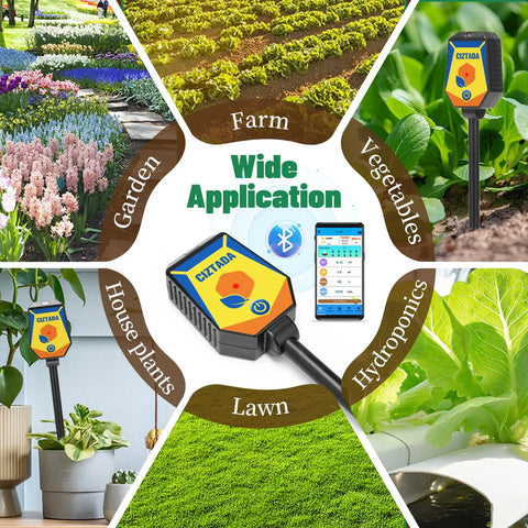 8 In 1 Smart Soil Meter For Moisture PH Light Humidity Fertility EC Salinity And Temperature With Handy App Monitor shown in various plant settings
