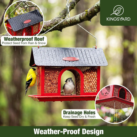 Outdoor Hanging Bird Feeder With Dual Mesh Compartments, Metal Seed Tray, And Weatherproof Roof, 3 lb Large Capacity, Red Finish