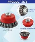 3-pack red 3-inch wire wheel brushes for angle grinder, with 0.02 in carbon steel wires and 5/8-11 threaded arbor.