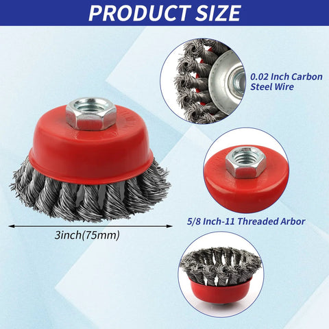 3-pack red 3-inch wire wheel brushes for angle grinder, with 0.02 in carbon steel wires and 5/8-11 threaded arbor.