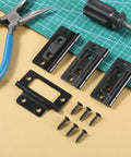 4 Pack Black No Mortise Door Hinges with screws for wood folding doors, displayed with pliers and screwdriver on a surface.