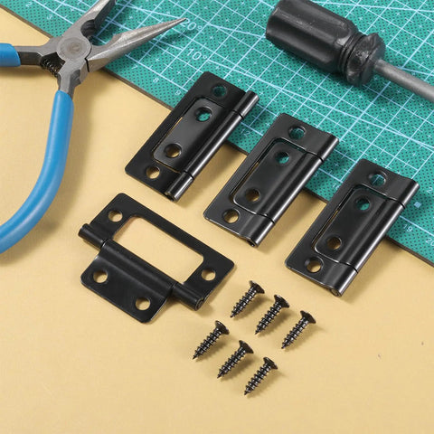 4 Pack Black No Mortise Door Hinges with screws for wood folding doors, displayed with pliers and screwdriver on a surface.