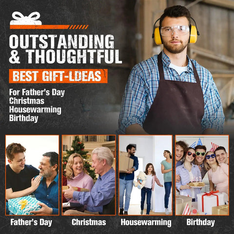 Man in plaid shirt and apron with earmuffs, gift ideas for Father's Day, Christmas, Housewarming, and Birthday displayed.