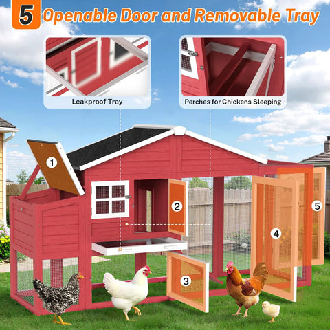 Backyard Chicken Coop For 4 To 6 Hens, 84.7 Inch Long Outdoor Hen House With Nesting Box, All Weather Roof, Leakproof Tray, Red
