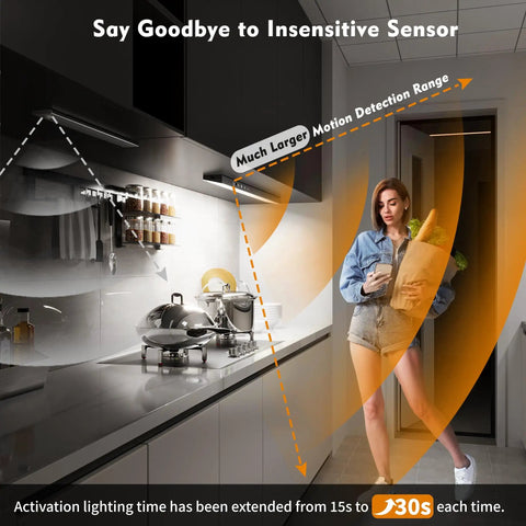 Go-To Under Cabinet Lighting Kit With Touch Control And Motion Sensor illuminating a kitchen area with enhanced sensor range