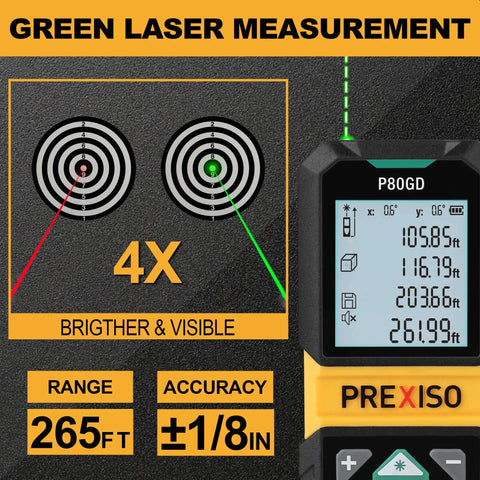 Your Go-To Rechargeable Green Laser Distance Meter With 265Ft Range, Pythagorean Mode, Area And Volume Calculations, Digital Readouts In Ft, Ft+In, In, Or M, Class II Laser, Dead-On Accuracy, The Handy Tool For DIY Home Projects. Green laser distance meter showing 265 ft range and ±1/8 in accuracy.