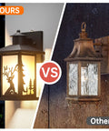Comparison of two outdoor wall lantern designs, one with a decorative deer and trees, the other with a rustic finish.