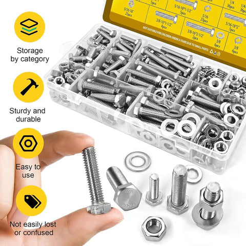 260 Piece Hex Bolts Nuts And Washers Kit Stainless Steel For DIY Repairs Includes SAE Sizes in a clear case with hand holding bolt