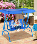 2 Seat Kids Patio Swing For Outdoor Fun And Chill With Adjustable Canopy And Safety Belt in garden setting