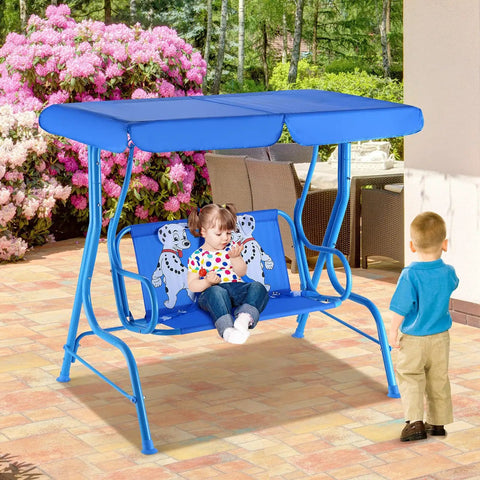 2 Seat Kids Patio Swing For Outdoor Fun And Chill With Adjustable Canopy And Safety Belt in garden setting