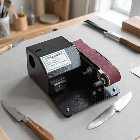Portable Mini Belt Sander Kit With Grinder Polisher And Knife Sharpening Flattening Tips Smooth Operator mounted on black base.