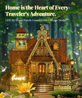 3D Wood Puzzle Countryside Cottage Kit With Spark LED Lights displayed on a garden background