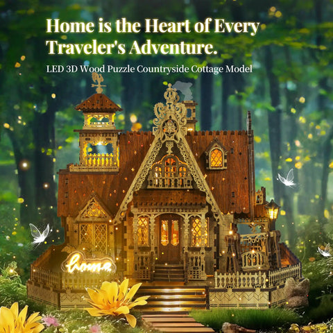 3D Wood Puzzle Countryside Cottage Kit With Spark LED Lights displayed on a garden background