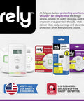 Packaging and products of Rely smoke and carbon monoxide alarms on display with safety icons and branding.