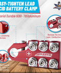 Red easy-tighten lead acid battery clamp with anti-loosening screws, 6061-T651 aluminum, 12-way compatible, by Kaas.