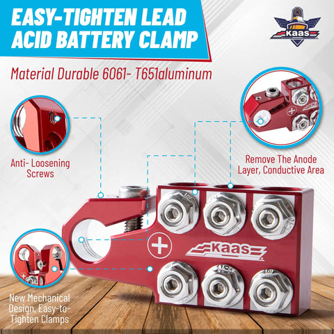 Red easy-tighten lead acid battery clamp with anti-loosening screws, 6061-T651 aluminum, 12-way compatible, by Kaas.