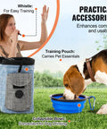 Woman using whistle from Dog Agility Training Gear Set With Adjustable Hurdles And Extended Tunnel, dog drinking from blue foldable bowl