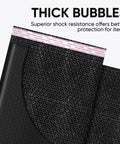 Close-up of Black Bubble Mailers 8.5 By 12 Inches, 100 Pack, showing thick bubble padding and self-seal strip.
