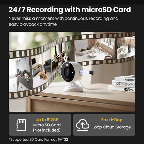 2K Indoor Outdoor Security Camera With Color Night Vision, AI Detection, Magnetic Mount, Wired Setup, on a table with display.