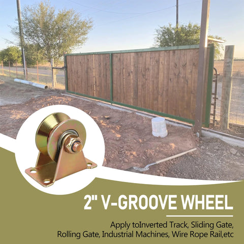2-inch V-groove caster wheel mounted on a base-plate bracket; gold metal finish for sliding gates and track systems