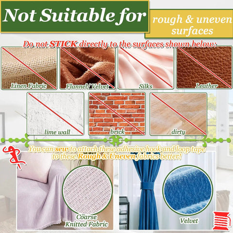 Instructions showing surfaces not suitable for 4.3 Inch By 26.3 Feet Heavy Duty Adhesive Hook And Loop Tape for Couch Cushions.