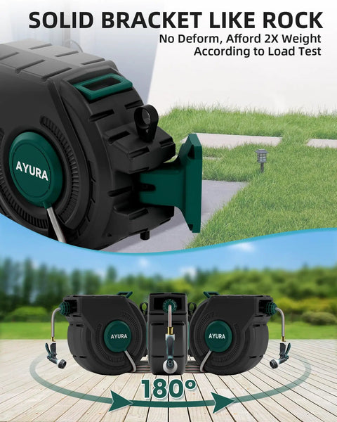 Image of a retractable garden hose reel showing wall mount and 180-degree swivel function, featuring heavy-duty design