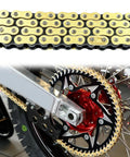 Close-up of Heavy Duty 428H Dirt Bike Chain Kit With 130 Links And 6 Master Links Plus Chain Breaker For 110Cc 125Cc 150Cc 200Cc 250Cc ATV Pit Bike And Scooter Ready installed on bike