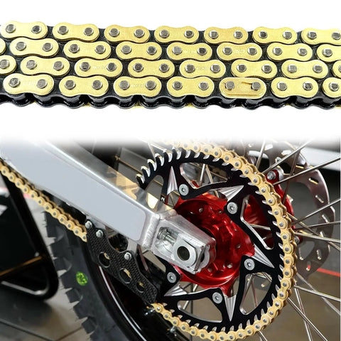 Close-up of Heavy Duty 428H Dirt Bike Chain Kit With 130 Links And 6 Master Links Plus Chain Breaker For 110Cc 125Cc 150Cc 200Cc 250Cc ATV Pit Bike And Scooter Ready installed on bike