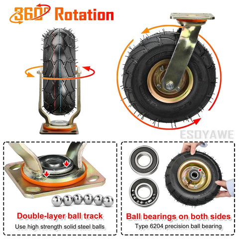 Four Pack Heavy Duty Pneumatic Caster Wheels Eight Inch And Ten Inch Rubber Tire Casters Roll Smooth With Swivel Brake Steel Hub Built Tough To Move Heavy Loads Without Breaking A Sweat