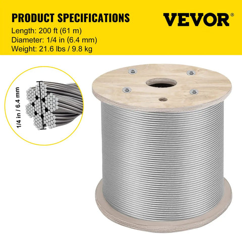 Heavy Duty 1/4 Inch Stainless Steel Cable 200 Ft 7x19 T304 Aircraft Wire Rope Kit spool for decks and railings