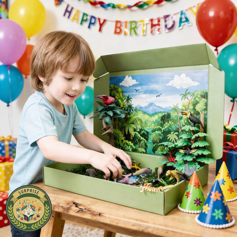 Child playing with Rainforest Diorama Kit With 33 Pieces PVC Animals And Insects, Miniature Trees, Moss, Sand And Stones at birthday party