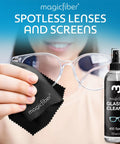 MagicFiber glasses cleaner kit with one spray bottle and two microfiber cloths (front view)