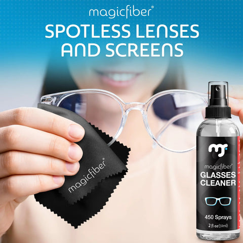 MagicFiber glasses cleaner kit with one spray bottle and two microfiber cloths (front view)