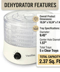 Straight Up Smooth Food Dehydrator With Adjustable Temperature Control And Expandable Trays For Drying Jerky Fruit Herbs Veggies And Fresh Homemade Snack Batches features five clear trays with specifications.