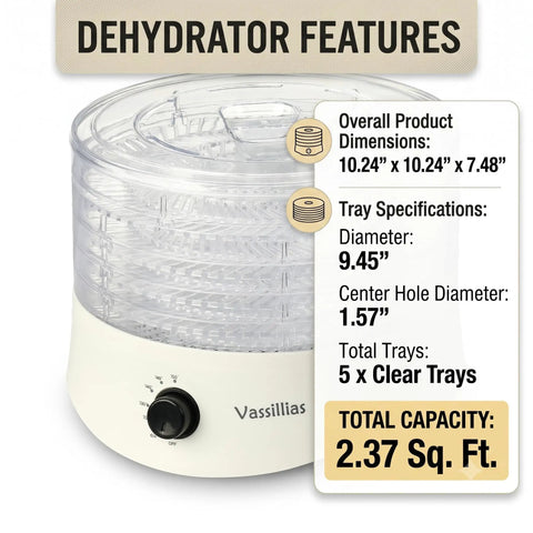 Straight Up Smooth Food Dehydrator With Adjustable Temperature Control And Expandable Trays For Drying Jerky Fruit Herbs Veggies And Fresh Homemade Snack Batches features five clear trays with specifications.