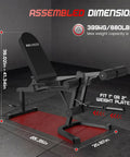 Heavy Duty Leg Extension And Curl Machine For Home Gym with dimensions, 1 or 2 inch weight plates, 880 lb max capacity