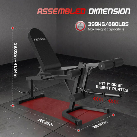 Heavy Duty Leg Extension And Curl Machine For Home Gym with dimensions, 1 or 2 inch weight plates, 880 lb max capacity
